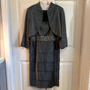 R&M Richards Gray Tiered Sheath Dress with Mandarin Collar